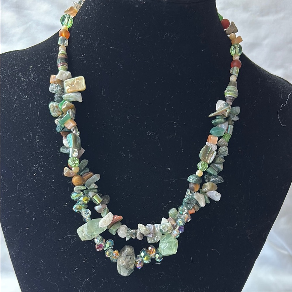 Hand Crafted Green and Orange Bohemian Necklace with Natural Stones